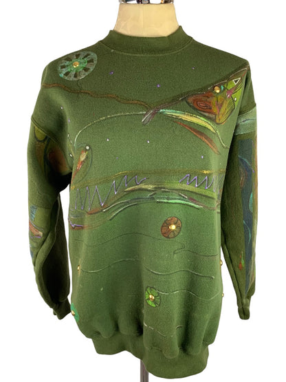 Medium Franklin Olive Green Sweatshirt Painted Signed "Watson" Embellished