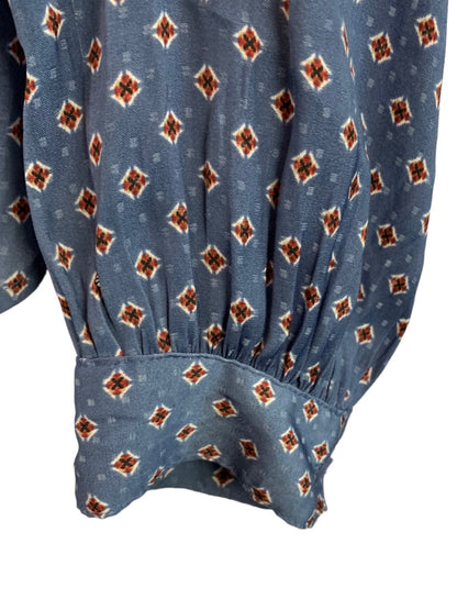 8 H&M Women's Popover Blue Ascot Print Blouse Single Pocket
