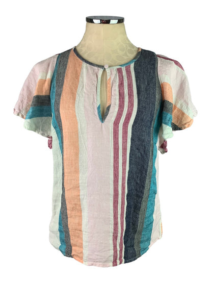 6 J.Crew Mixed Linen Stripe Short Ruffle Sleeve Women's Top Blouse AL091