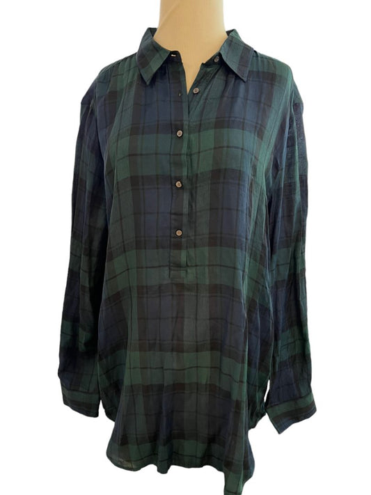 NWT LOFT XL Blue Green Plaid Button Down Shirt Blouse MSRP 49.99