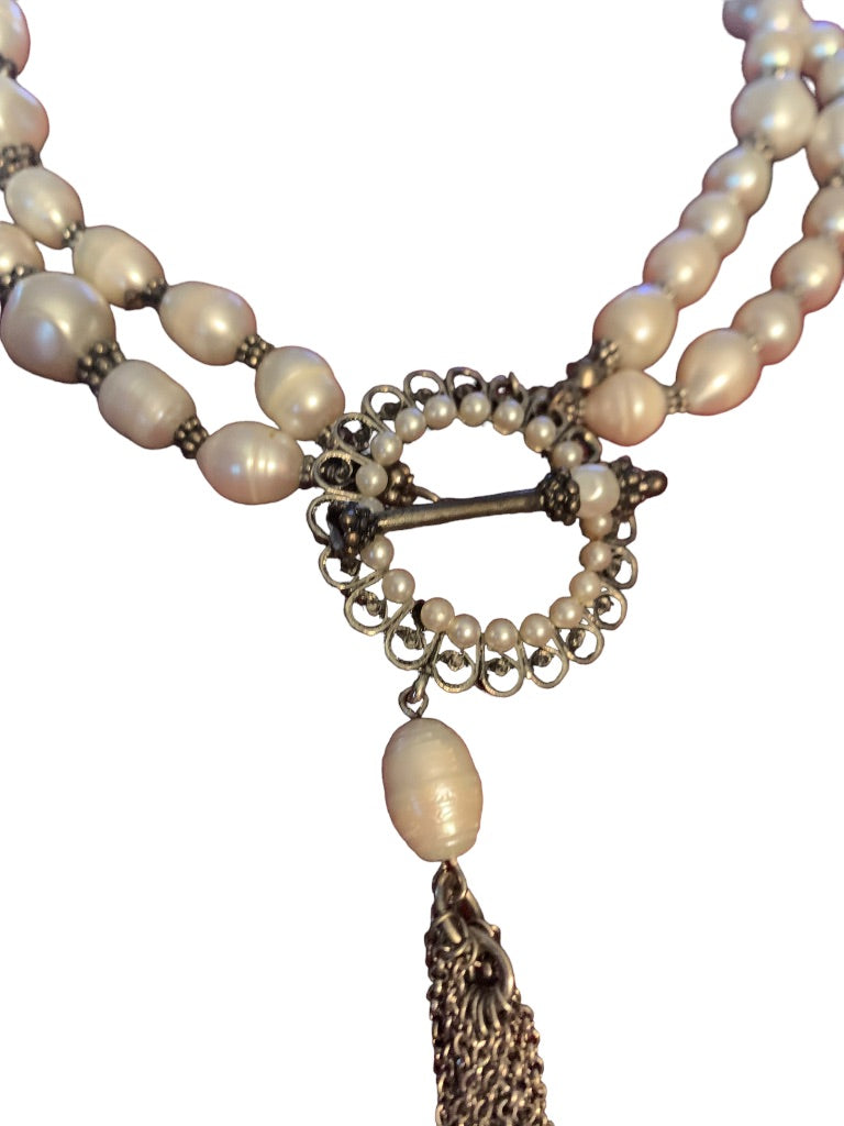 Double Strand Faux Pearl and Freshwater 20" Toggle Clasp Tassel 7"