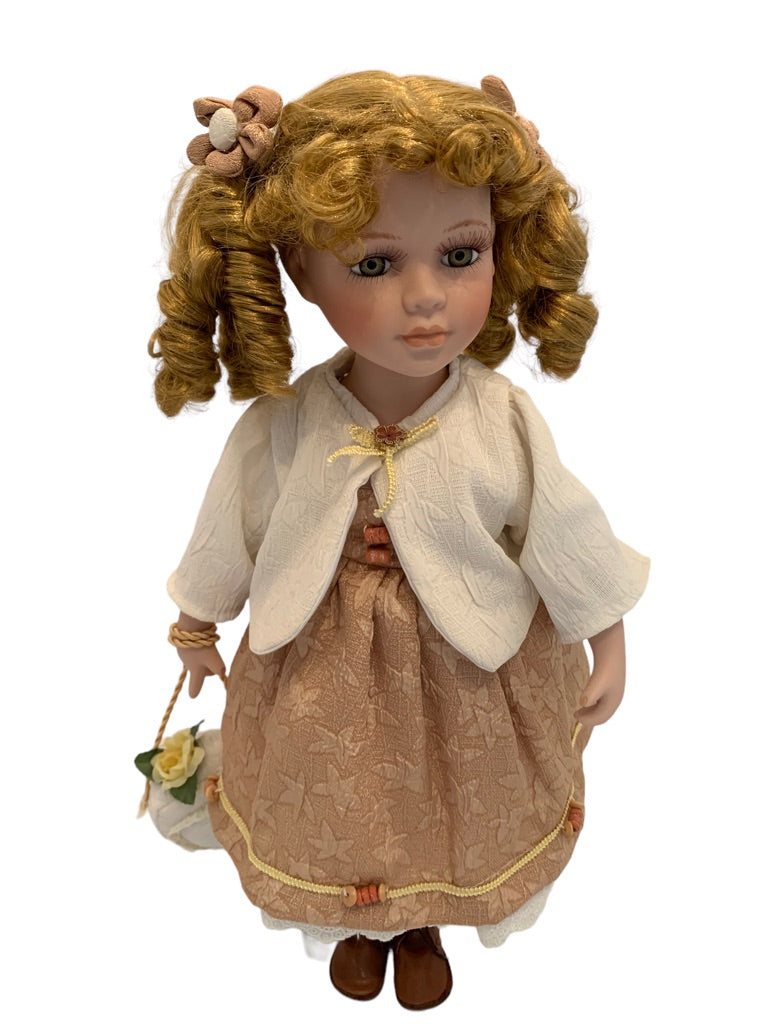 Vintage Porcelain Doll Victorian Girl Dress Style 16.5" h with Stand Strawberry Blonde Curls