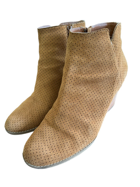 9 Susina Perforated Suede Leather Tan Wedge Booties
