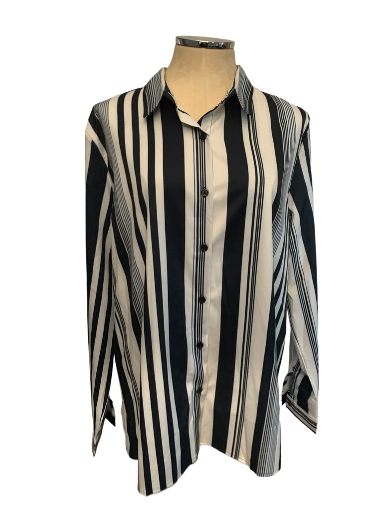 XL Unbranded Women's Button Up Dress Shirt Navy Blue White Vertical Stripe