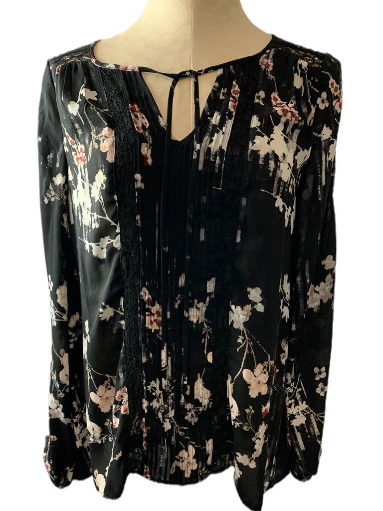 4 White House Black Market Peasant Blouse Oversize Sheer Tunic Black Floral