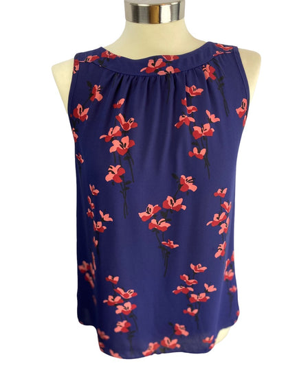 XS LOFT Women's Navy Blue Sleeveless Blouse Slightly Sheer Mauve Floral Print