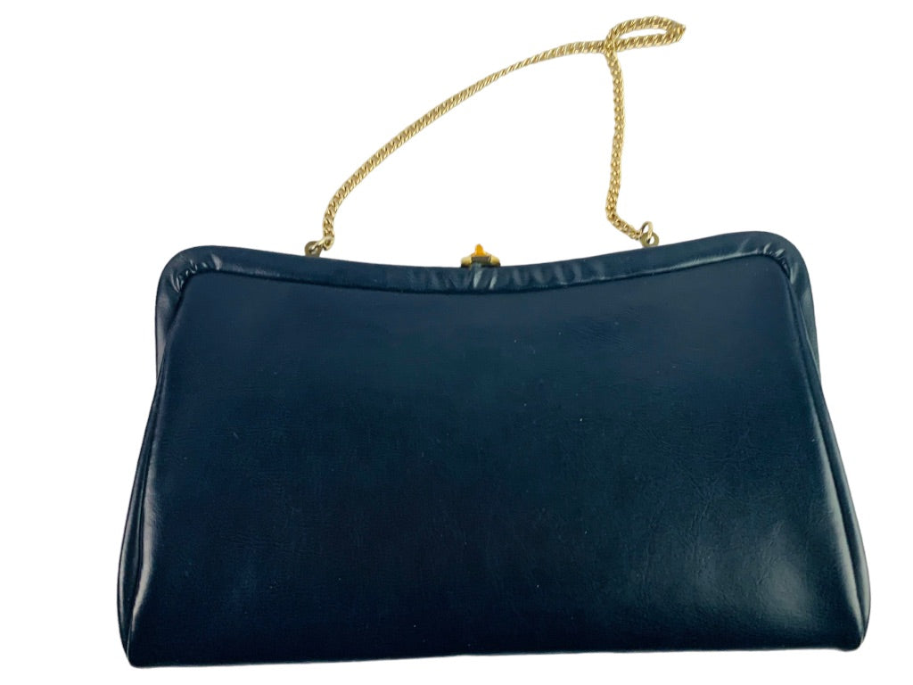 Navy Blue Faux Leather Handbag Goldtone Leaf Clasp Hinged Clutch