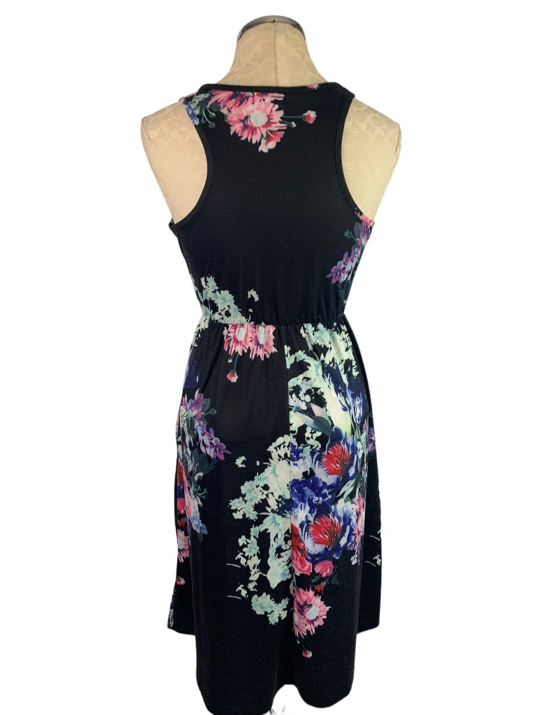 Small Ours Black Dress Sleeveless Jersey Knit Floral Pullover Pockets