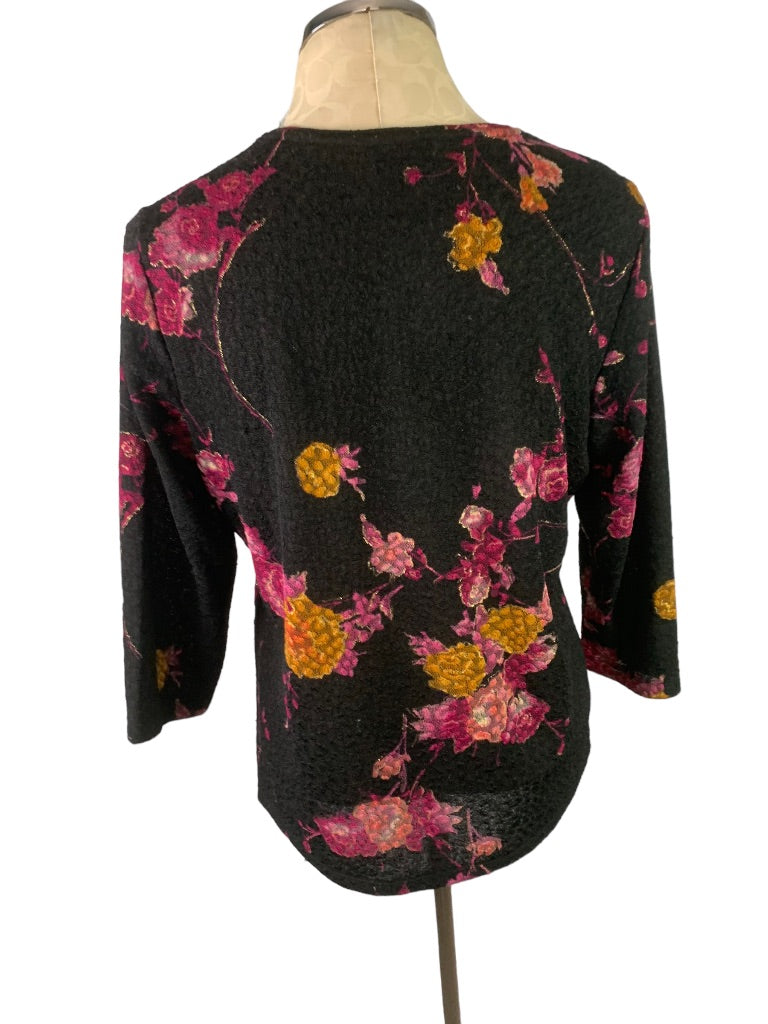 Medium Petite Alia Black Stretch Lace Floral 3/4 Sleeve Women's Top