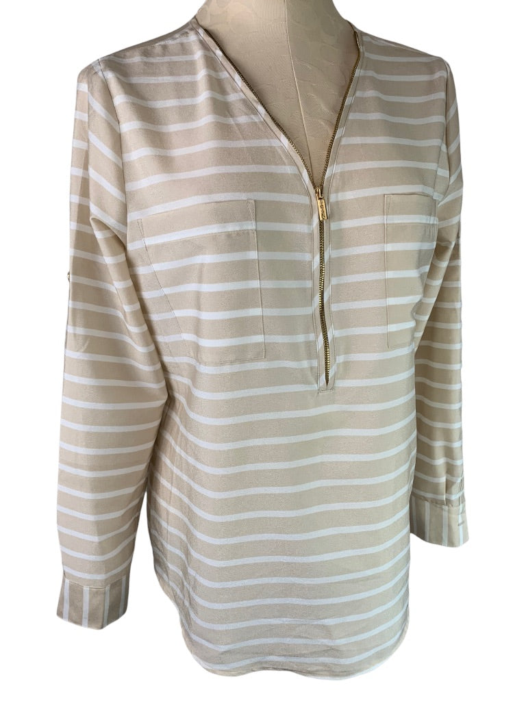 Small Calvin Klein Tan White Stripe 1/2 Zip Slightly Sheer Women's Blouse