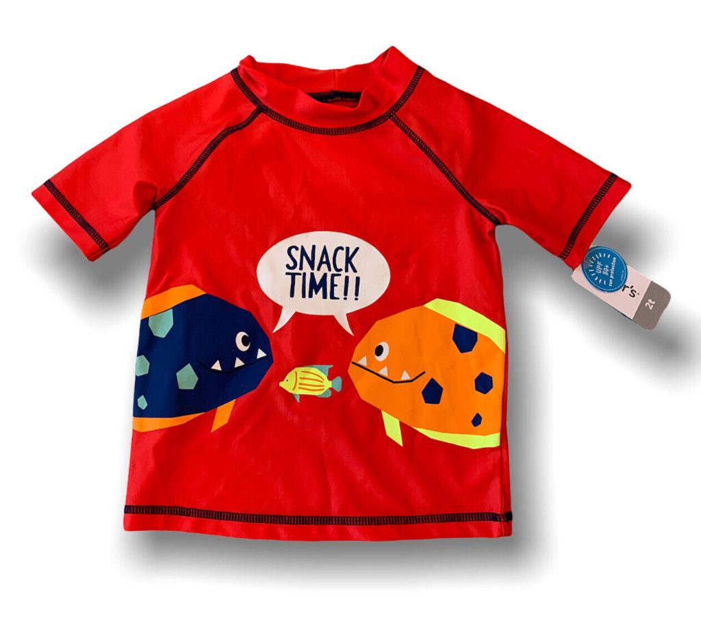 2T Carter's Boys Rashgaurd Swim Shirt Red "Snack Time" Fish UPF 50+ Sun Protection