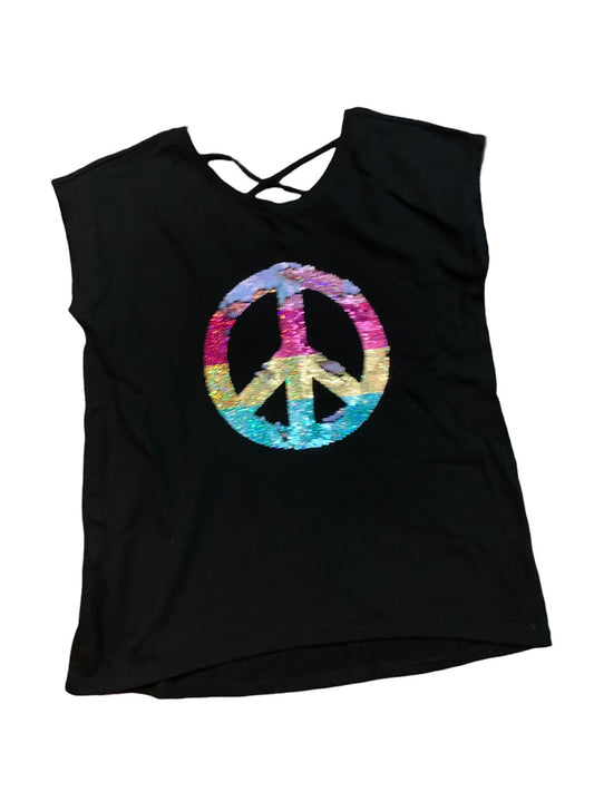 Large (10/12) Old Navy Girls Peace Sign Sequin Black Tshirt Short Sleeve