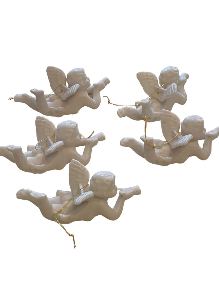 Vintage Ceramic Hanging Angel Ornaments Cherub New Old Stock Box of 5