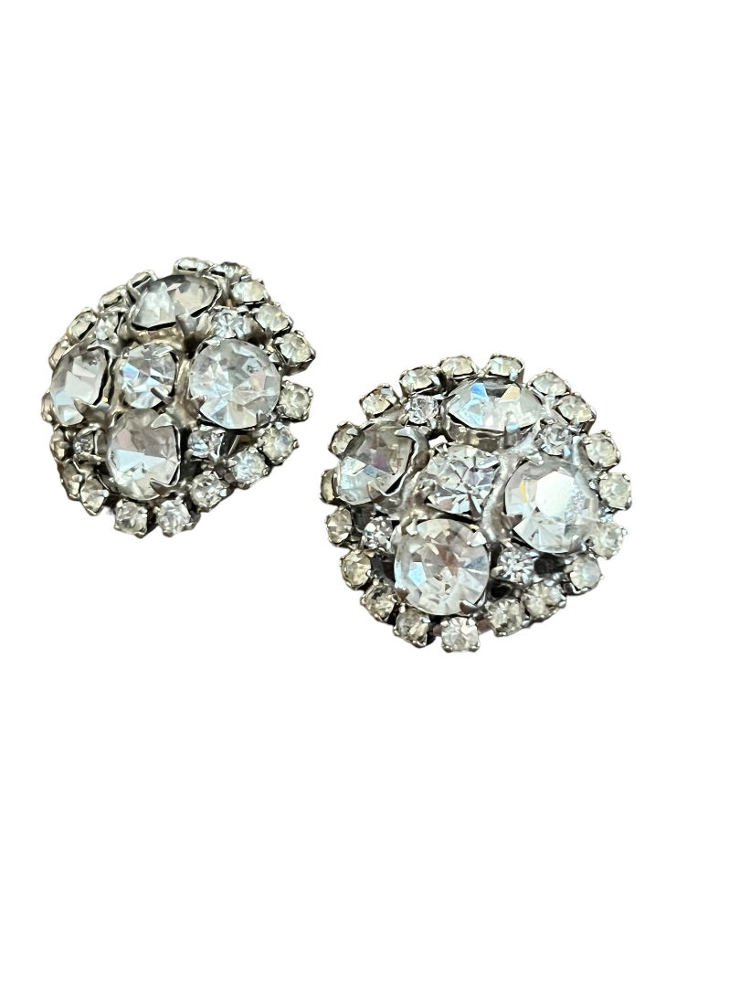 Vintage Formal Rhinestone Round Clip On Earrings Evening Bling