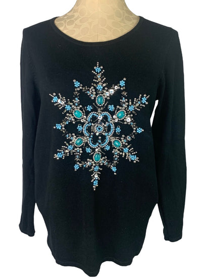 Small Quacker Factory Women's Black Winter Snowflake Sweater Beaded