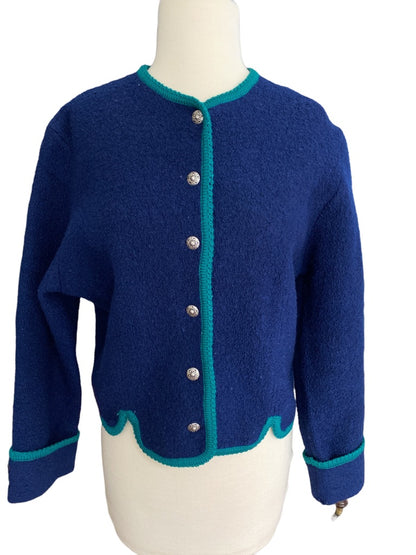 6 Vintage Tally-Ho Wool Button Down Jacket Cardigan Blue Green Trim