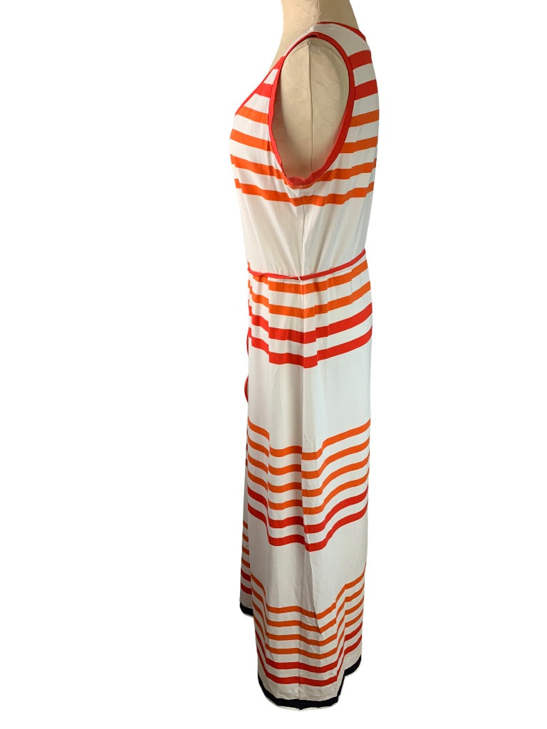 Large Talbots Orange White Soft Knit Striped Sleeveless Maxidress Belted