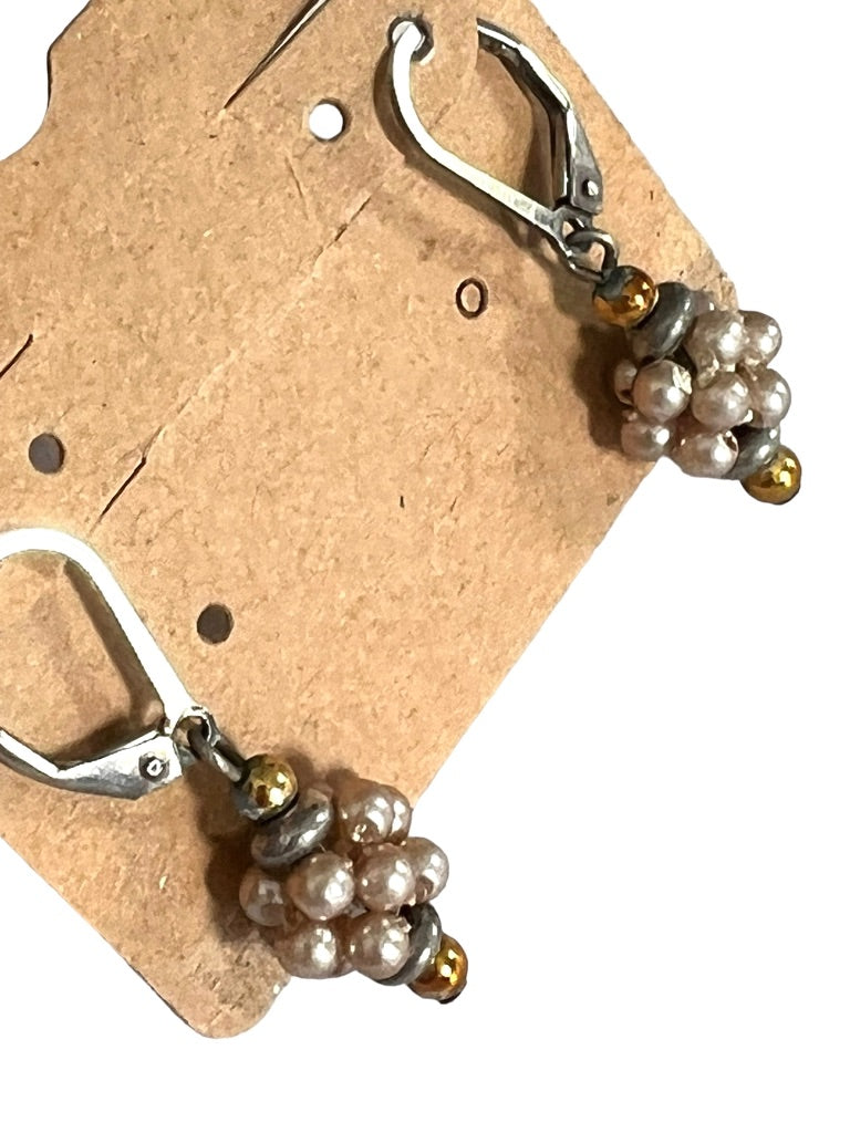 Faux Pearl Cluster Dangle Earrings  Silvertone Metal Pierced