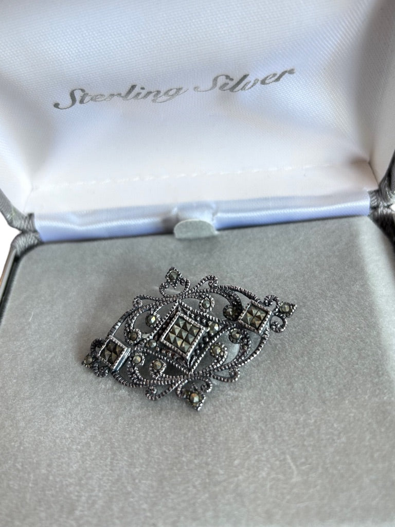 Marcasite Sterling Silver Art Deco Style Brooch Pin 1 3/4" in Box