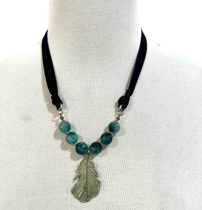 Blue Fluorite Stone Goldtone Leaf Necklace Velvet Tie Adjustable 36"