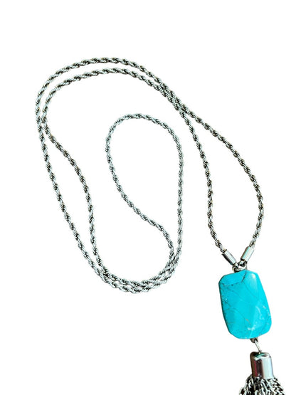 Faux Turquoise Lariat Tassle Necklace Silvertone Rope Chain 31" Long Plus 5" Drop of Tassle