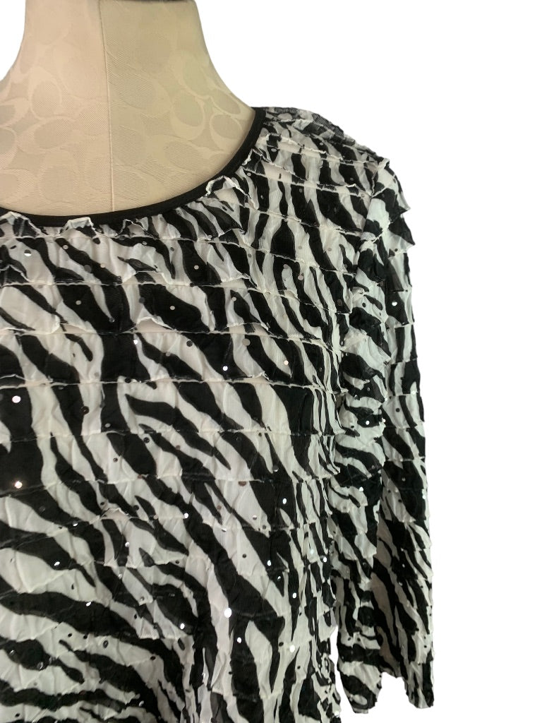 Large Elementz Women's Black White Zebra Print Ruffle Pullover Stretch Top