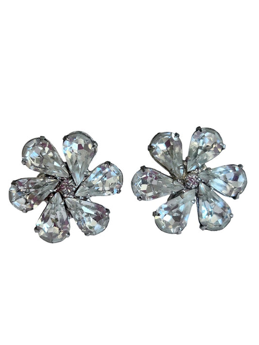 Vintage Screwback Non-Pierced Earrings Clear Crystal Flower 1 1/8" Diameter