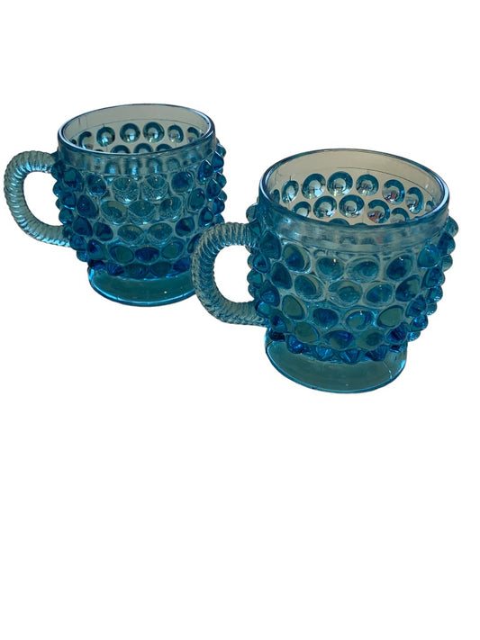 Set of 2 Vintage Pressed Glass Blue Hobnail Small Pedestal Mugs 3"h