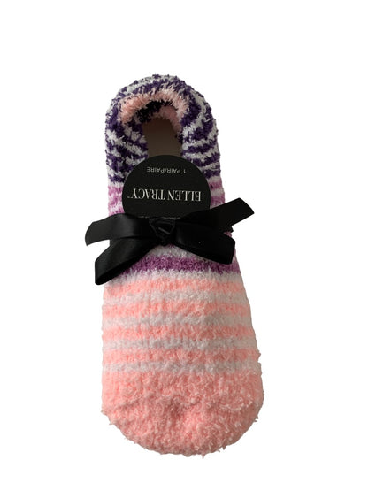 9-11 Ellen Tracy New Pair Fuzzy Socks Grip Bottoms Pink Purple Stripe