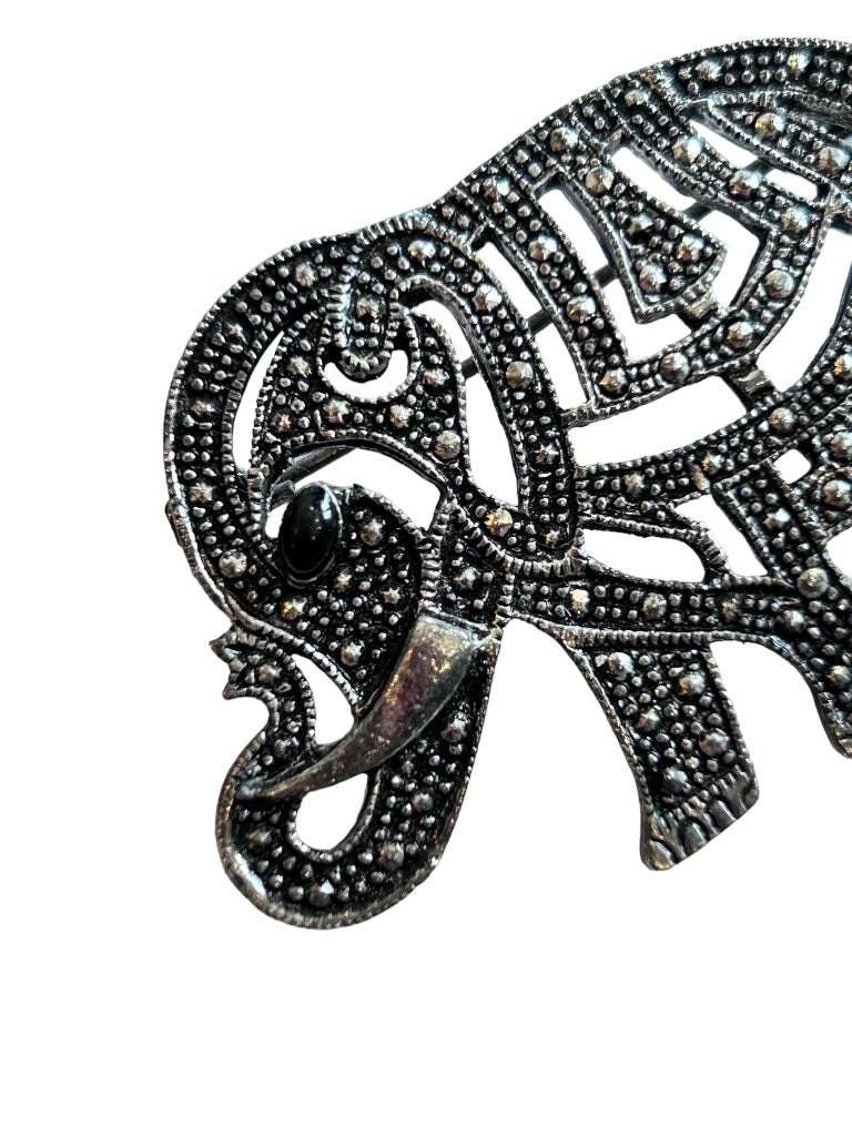 Vintage Lucky Elephant Silver Brooch 2" Trunk Up Stylized Texture