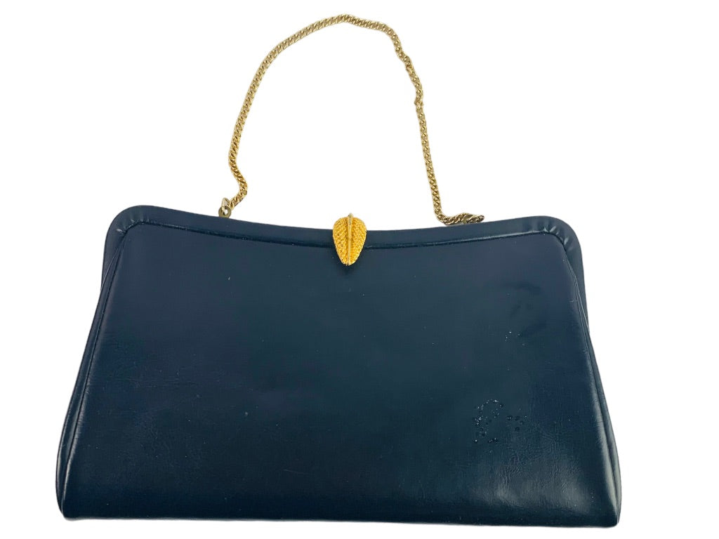 Navy Blue Faux Leather Handbag Goldtone Leaf Clasp Hinged Clutch