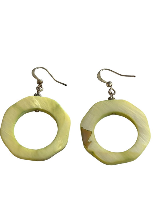 Green Carved Irradescent Round Dangle Earrings