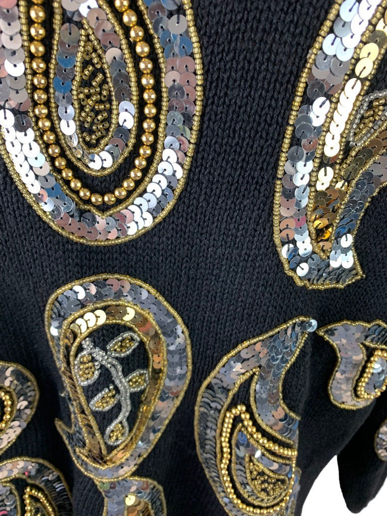 18/20 Venezia Vitale Vintage Women's Sweater Black Paisley Beaded Sequin Gold Silver