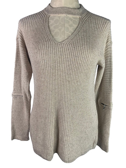 Small Neely Women's Beige Pullover Cashmere Silk Blend Sweater Arm Zipper Detail