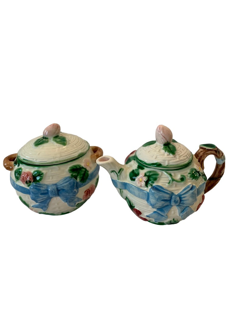 Vintage 1985 Haldon Creamer and Sugar Set Majolica Style Bow Ceramic