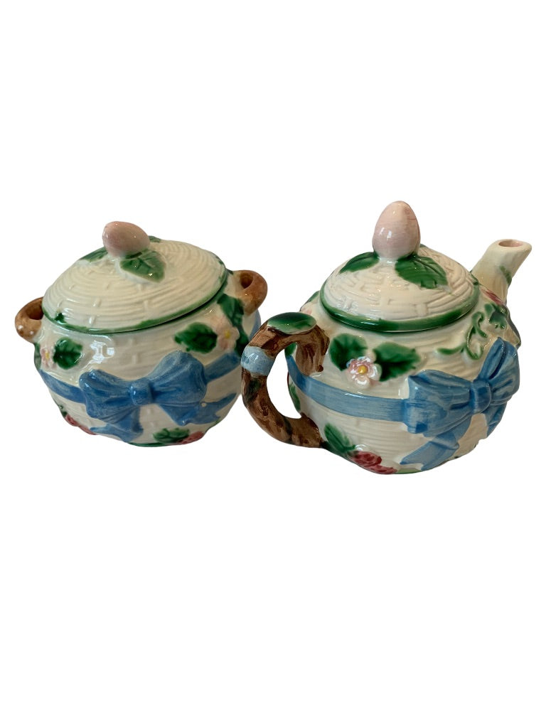 Vintage 1985 Haldon Creamer and Sugar Set Majolica Style Bow Ceramic