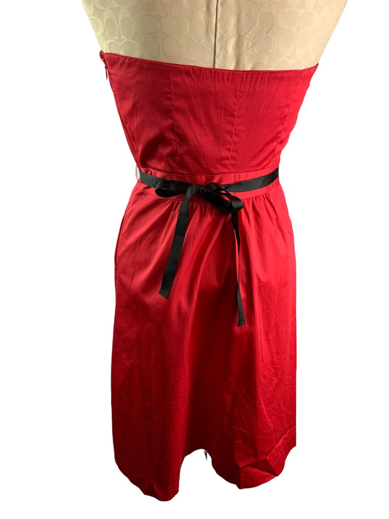 6 The Limited Strapless Red Dress Pockets Black Grosgrain Rosette Belt