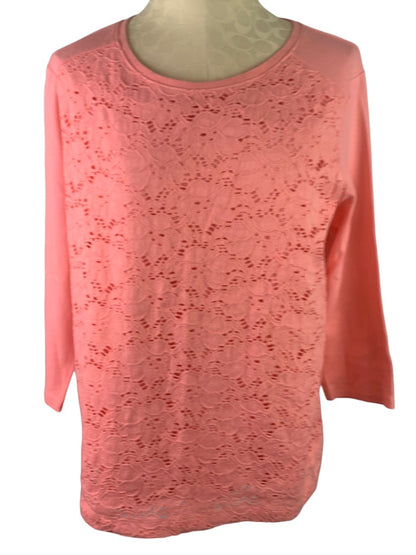 Large Petite Croft & Barrow Women's Coral Pink 3/4 Sleeve Lace Front Tshirt