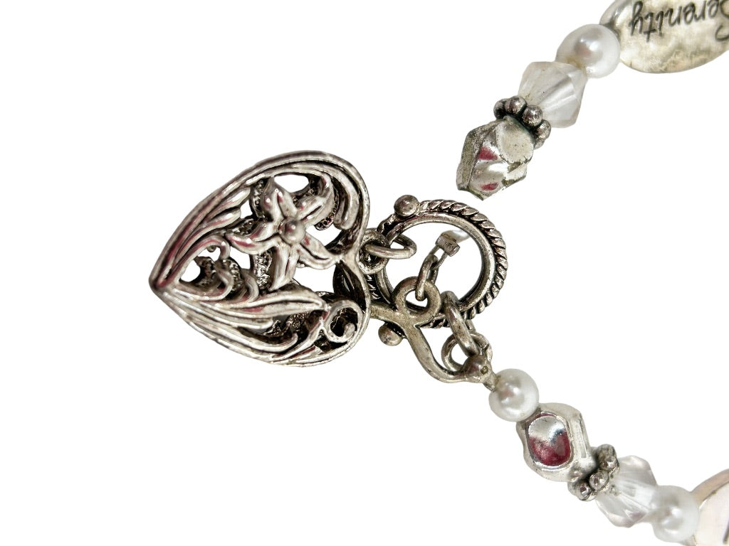 Silvertone Beaded Heart Charm Toggle Clasp 7.5" Bracelet Hope Serenity Peace