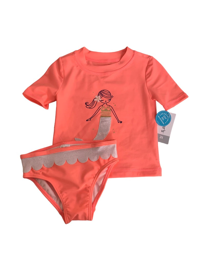 2T Carter's New Girls 2 Piece Swimsuit Bright Coral Mermaid Theme UPF50+ Sun Protection