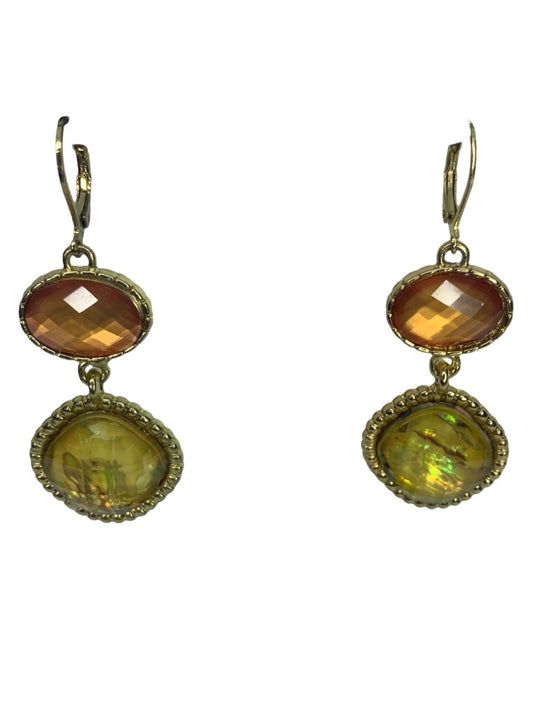 Earring Pierced Leverback Goldtone 2" Drop Earrings Amber Color Faceted