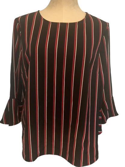 Large Tommy Hilfiger Black Red Striped Pullover Blouse Bell Sleeve