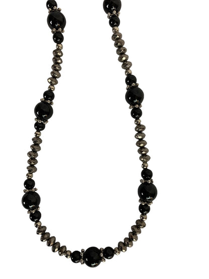 Black and Silvertone Beaded Necklace with Lobster Clasp Adjustable to 21"