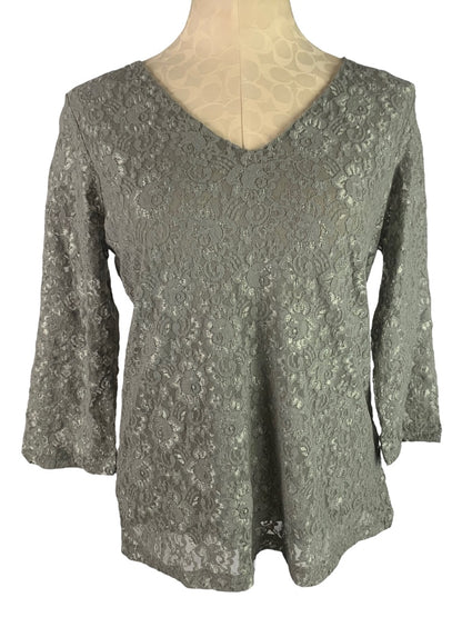 Small Motto Women's Gray Lace V-Neck Lined Pullover Top New