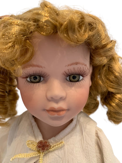 Vintage Porcelain Doll Victorian Girl Dress Style 16.5" h with Stand Strawberry Blonde Curls