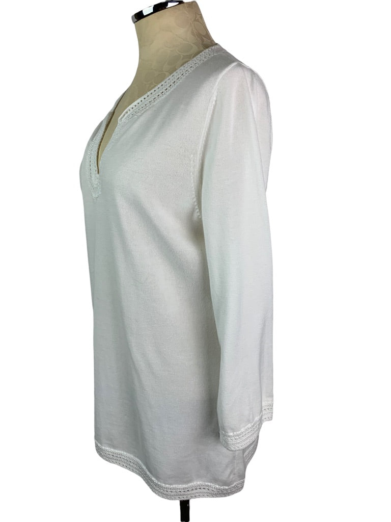 Large Banana Republic Women's White Sweater Crochet Trim V-Neck