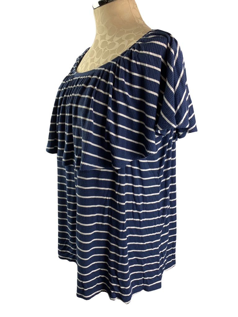 18/20 Avenue Jersey Knit Off Shoulder Blue White Stripe Short Sleeve Top Women's