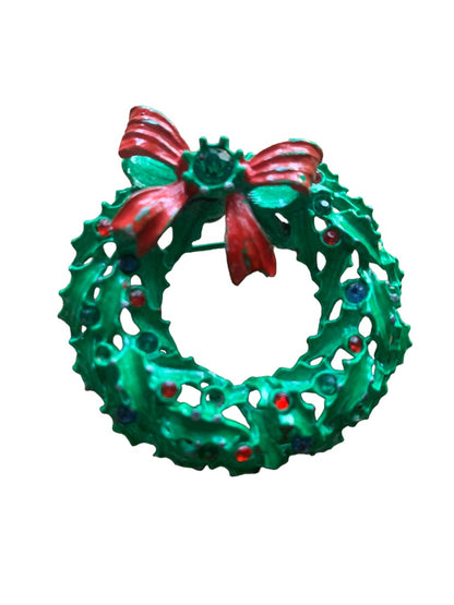 Vintage Holiday Wreath Brooch Green Red Blue Stones Pin 2" Diameter