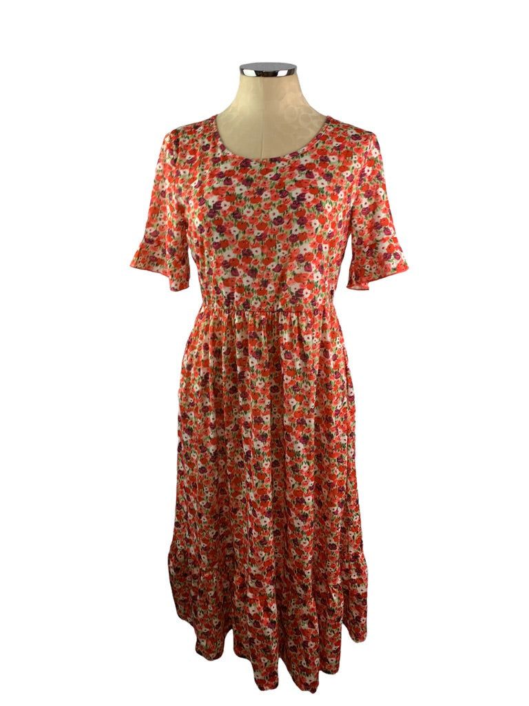 Medium Women's Floral Coral Print Tshirt Dress Midi Length Ruffle Hem