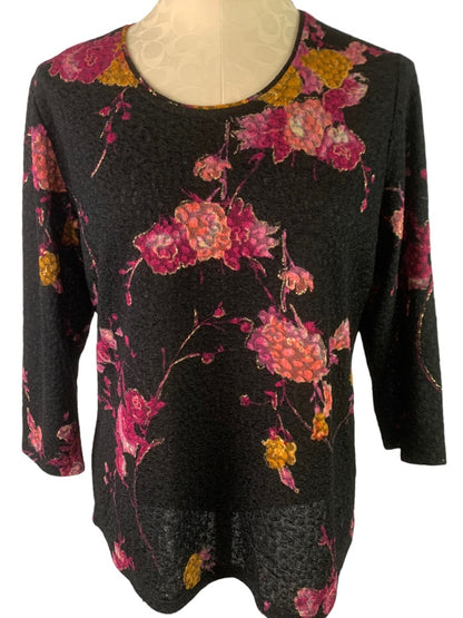 Medium Petite Alia Black Stretch Lace Floral 3/4 Sleeve Women's Top